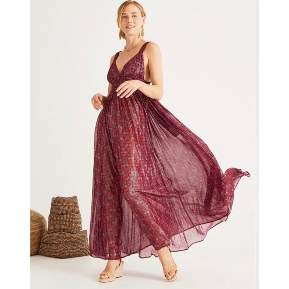 Calypso St. Barth NWT Burgundy Wine Metallic Beaded Flowy Sz Large Dress Boho
